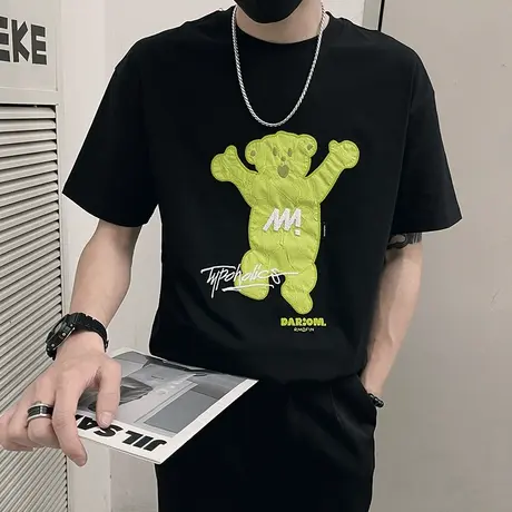潮牌短袖T恤男夏季美式卡通刺绣贴布高级感ins网红体恤小熊半截袖图片