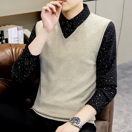 男士假两件衬衫秋冬季时尚拼接 V领毛衣针织衫潮流痞帅打底衫线衣商品大图