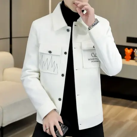 潮牌仿水貂绒外套男士秋冬季韩版短款毛呢子风衣高端韩版加厚夹克商品大图