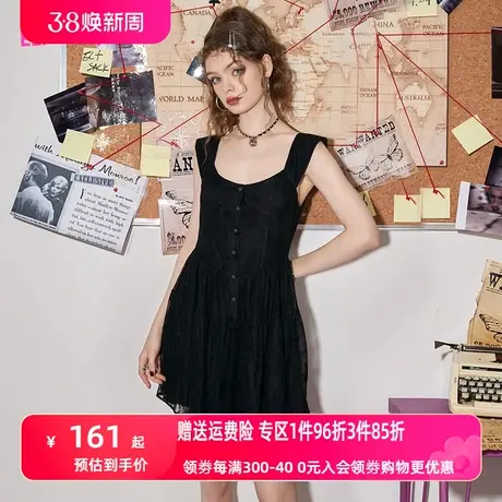 【商场同款】妖精的口袋黑色蕾丝吊带连衣裙女2023夏季新款小黑裙图片
