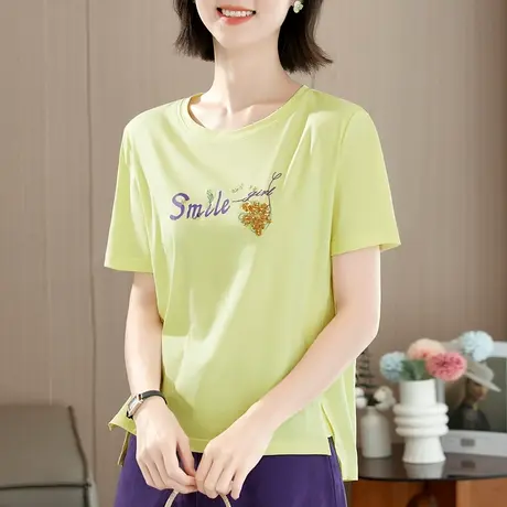 纯棉正肩t恤女夏2023年新款时尚刺绣花上衣前短后长遮肉显瘦体恤商品大图