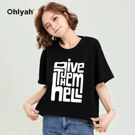 Ohlyah品牌 黑色t恤女宽松韩版字母印花情侣装夏装纯棉圆领打底衫商品大图