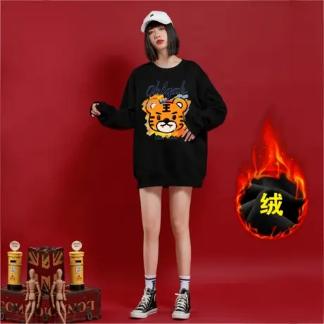 潮牌中长款宽松印花卫衣女2023秋冬新款本命年加绒加厚长袖上衣图片