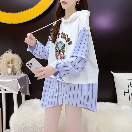 宽松假两件连帽卫衣女中长款2023新款秋冬时尚洋气网红设计感外套商品大图