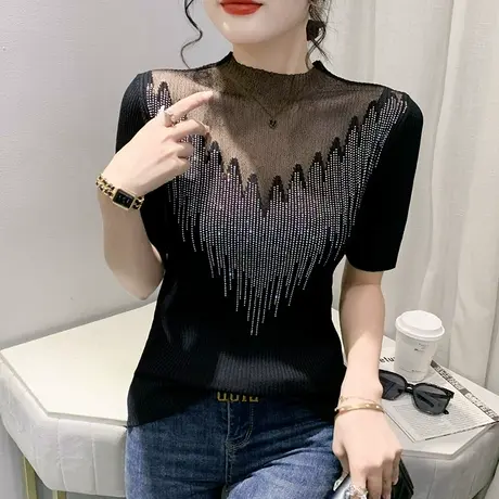 性感镂空针织上衣女短袖欧货夏洋气网纱拼接T恤时尚烫钻冰丝小衫商品大图