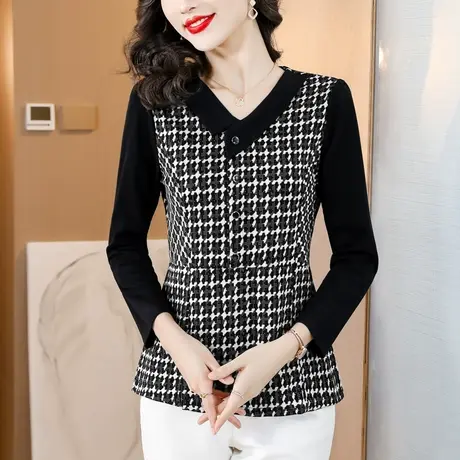 打底衫女2023秋季新款时尚格子拼接上衣妈妈装遮肚显瘦百搭衬衣女商品大图