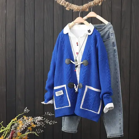 秋季新款牛角扣毛衣开衫女宽松显瘦V领长袖设计感减龄针织衫外套图片