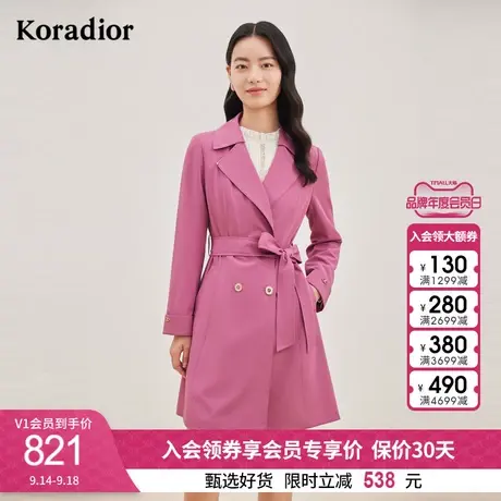 珂莱蒂尔女装2023冬季新款通勤紫红修身收腰中长款双排扣风衣外套图片