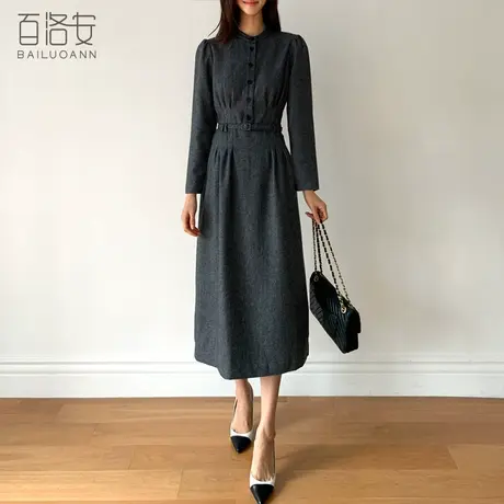 百洛安通勤OL长袖连衣裙女秋新款气质优雅立领系带收腰中长款裙子图片