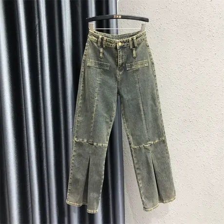 复古怀旧设计感牛仔长裤女23秋季新款裤脚褶皱高腰时髦直筒阔腿裤商品大图