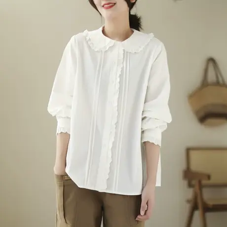 2023春新款上衣娃娃领长袖蕾丝边白衬衫女宽松打底钩花宫廷风衬衣图片