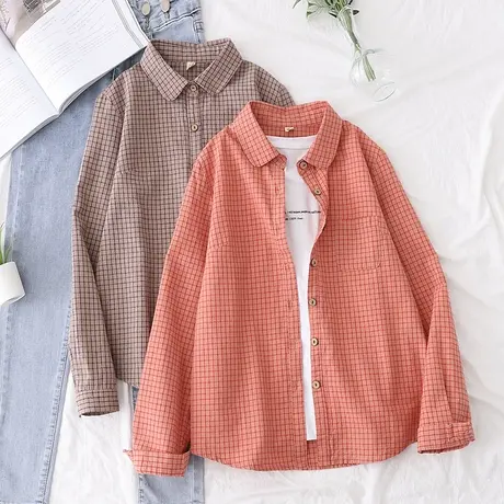 文艺木扣格子衬衫女春秋款宽松韩版复古港味磨毛长袖学生上衣外套商品大图