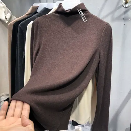 2023早秋新款欧货内搭小衫半高领长袖德绒打底衫女加绒上衣t恤潮商品大图