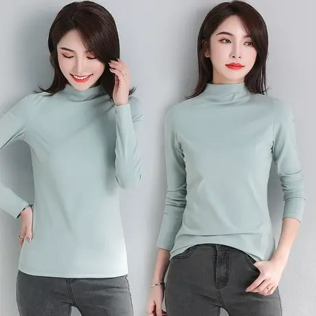 浅蓝色中领上衣女春季百搭洋气显瘦修身外穿内搭长袖半高领打底衫商品大图