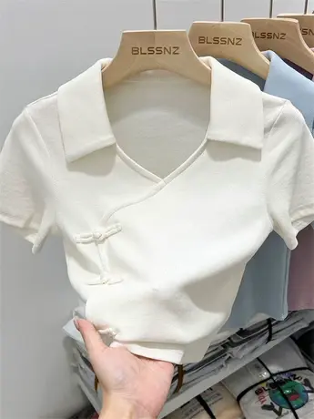 短袖t恤女夏独特别致短款镂空设计感复古中式盘扣上衣女polo衫潮商品大图