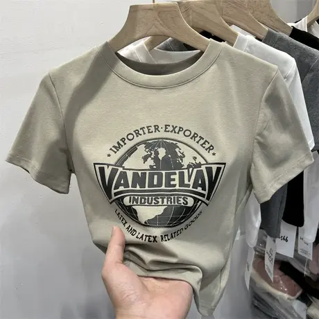 欧货短款高腰地球字母印花短袖T恤女2023夏新款洋气体恤小衫上衣商品大图