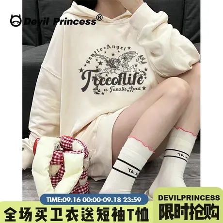 chic慵懒风奶呼呼杏色卫衣女美式校园复古风通勤百搭早秋薄款上衣图片