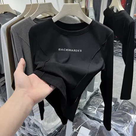 欧货长袖t恤女秋冬内搭洋气修身短款上衣小众设计感磨毛打底衫ins商品大图