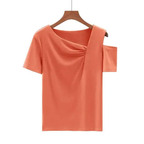 夏季新款韩版斜领褶皱小心机纯色纯棉修身漏肩短袖体恤上衣内搭女商品大图