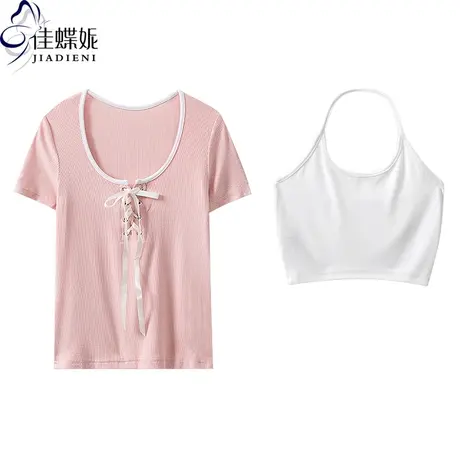 夏季新款韩版圆领修身短款纯欲纯棉纯色短袖背心上衣打底套装女装图片