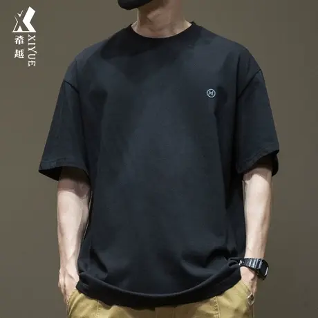 潮流日系280g重磅短袖T恤男刺绣全棉内搭五分袖男士夏季宽松大码商品大图