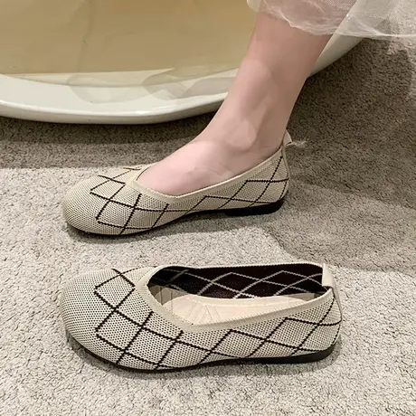 圆头飞织透气豆豆鞋女款2023年夏季新款浅口百搭软底单鞋奶奶鞋商品大图