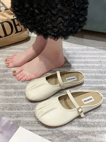 爆款包头半拖鞋女外穿2023新款夏法式褶皱豆豆穆勒鞋平底半拖单鞋图片