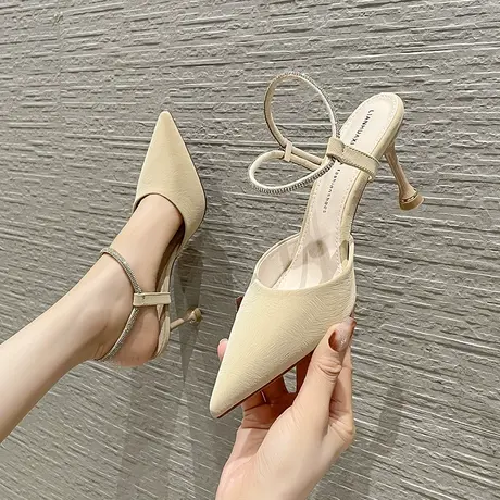 一字带水钻高跟鞋女细跟2023年春秋季尖头后空单鞋仙女风气质女鞋商品大图