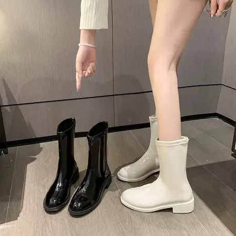 粗跟瘦瘦短靴女2023新款时尚单靴百搭切尔西靴子马丁靴女高跟女靴图片