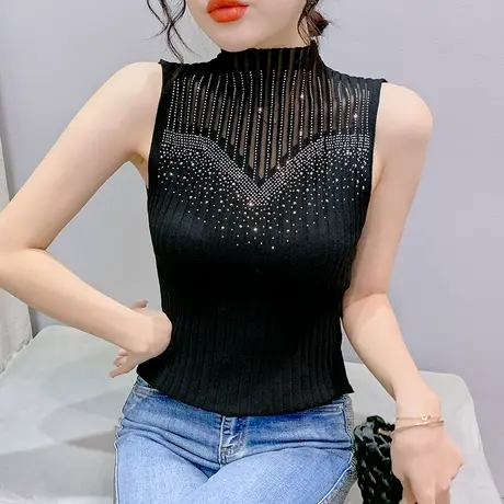 性感网纱拼接背心女内搭夏季欧货重工烫钻洋气上衣紧身百搭小衫潮商品大图