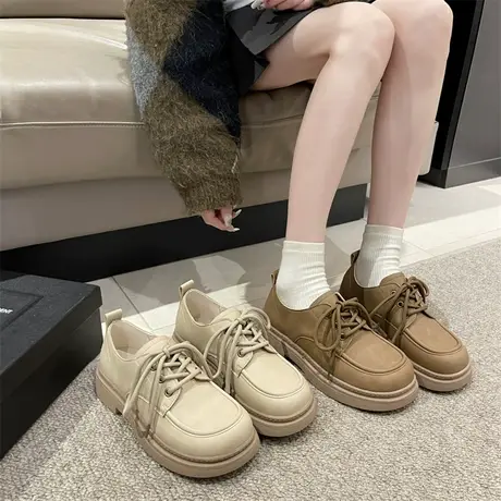 厚底乐福鞋女2024年春秋季新款复古百搭粗跟单鞋圆头系带小皮鞋潮商品大图