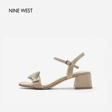 Nine West/玖熙一字带反绒凉鞋2024年夏季新款粗跟方头露趾复古女图片
