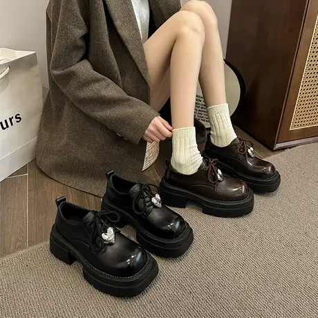 复古英伦风小皮鞋女2024春新款单鞋小个子厚底粗跟系带黑色乐福鞋图片