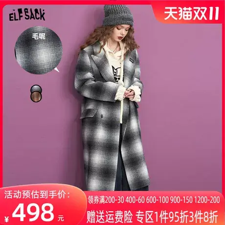妖精的口袋格纹毛呢外套女2023冬季新款学院风设计感长款呢子大衣商品大图