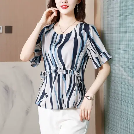 夏季短袖雪纺衬衫女2023新款宽松收腰气质减龄女士设计感小众上衣图片