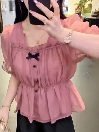 荷叶边雪纺衫女夏新款收腰遮肚子显瘦小个子时尚气质减龄短袖小衫商品大图