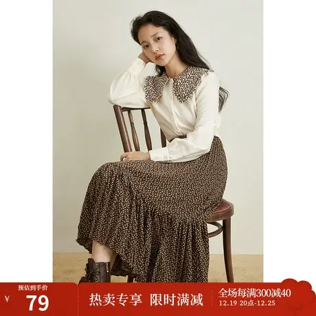茵曼设计感秋冬新款女松紧腰碎花百褶裙气质显瘦中长款半身裙图片
