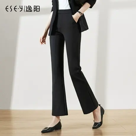 逸阳黑色弹力九分微喇裤女2023秋季新款高腰显瘦西装休闲喇叭裤子商品大图