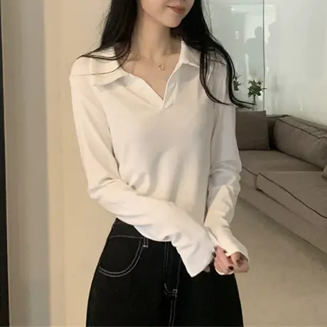 初秋polo领长袖T恤女2023早秋季新款辣妹设计感修身白色短款上衣商品大图