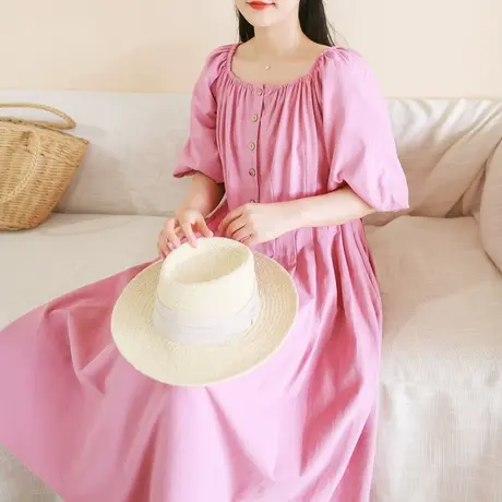 胖妹妹夏季2023新品法式方领棉质连衣裙加大码微胖一字肩显瘦长裙商品大图