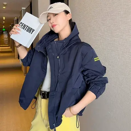 2025春季新款连帽双拉链拼接撞色冲锋衣外套女韩版宽松休闲时尚潮商品大图