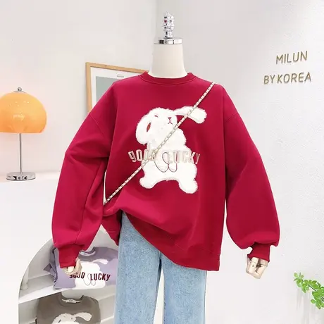 新年装兔子红色上衣秋冬款韩版甜美慵懒风加绒卫衣摇粒绒外套大码商品大图