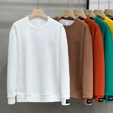 多彩潮流套头圆领卫衣男打底衫秋季简约小熊刺绣标纯色长袖t恤男商品大图