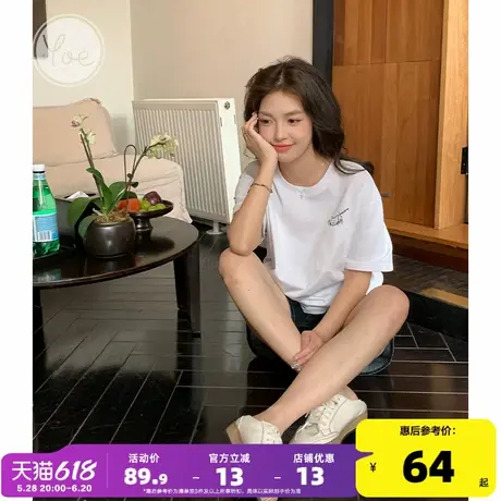 yoe短袖t恤女上衣白色前胸口袋夏季新款设计感卡通印花宽松纯棉正商品大图