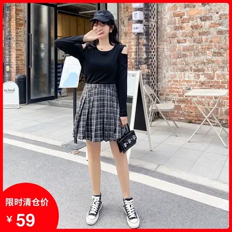 绮娑大码女装2023秋新款显瘦百搭遮肉休闲格子半身裙胖MM百褶裙图片
