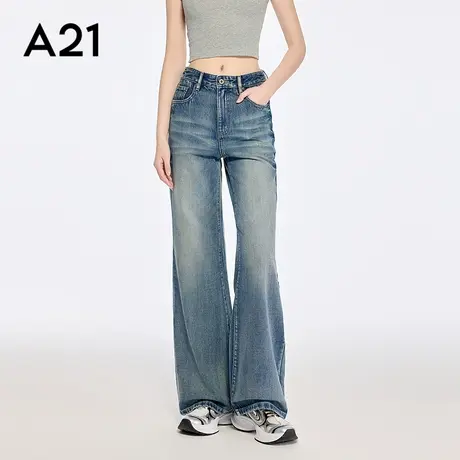 A21女装水洗做旧宽松牛仔裤2025夏季新款简约微喇长裤F452226038图片