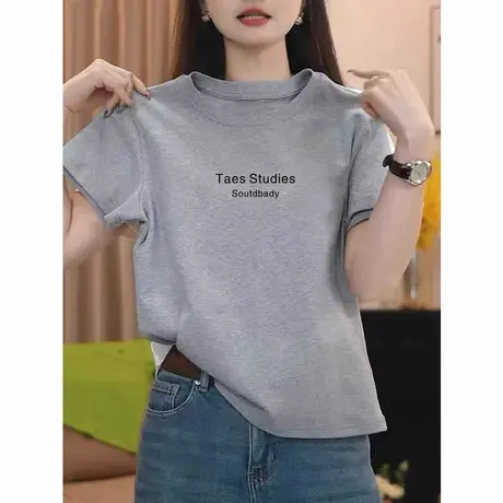 棉质正肩夏季常规款2025新款短袖t恤女百搭洋气灰色打底衫上衣ins商品大图