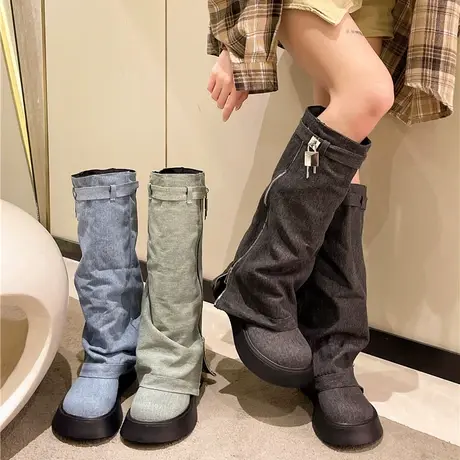 长筒靴女2023春秋季新款小众设计感百搭裤管靴厚底增高西部牛仔靴商品大图