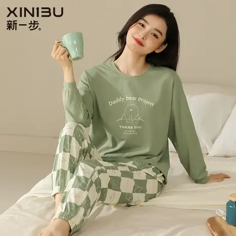 新一步睡衣女纯棉春秋季长袖圆领套头简约休闲外穿家居服女套装商品大图