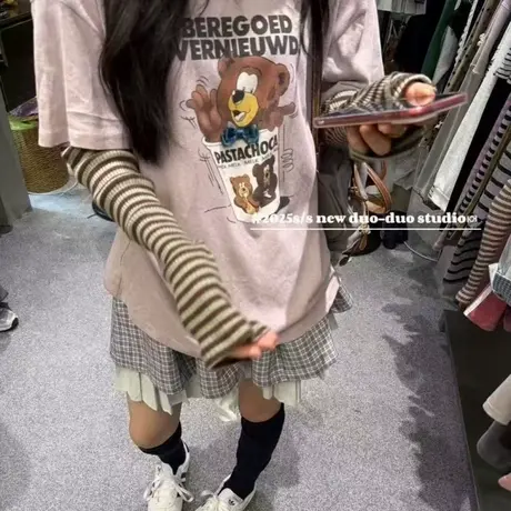 卡通图案条纹袖假两件T恤女早秋季洋气减龄宽松百搭圆领长袖上衣商品大图